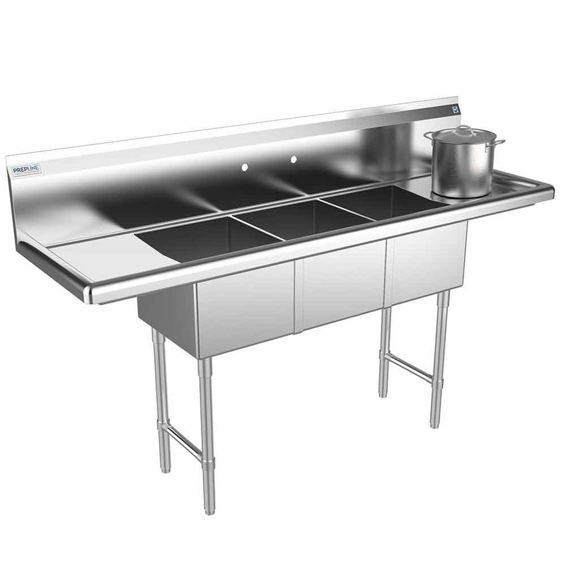 Prepline XS3C-1416-LR 66" Stainless Steel Three Compartment Commercial Sink with Left and Right Drainboard, 14" x 16" Bowls