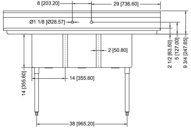 Prepline XS3C-1416-LR 66" Stainless Steel Three Compartment Commercial Sink with Left and Right Drainboard, 14" x 16" Bowls