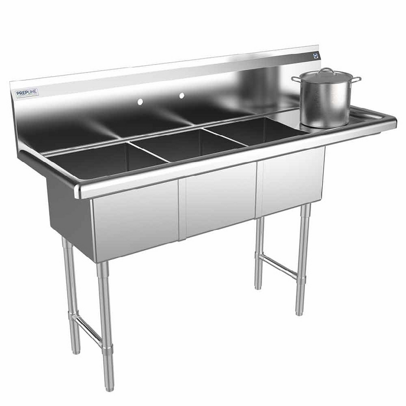 Prepline XS3C-1416-R 56" Stainless Steel Three Compartment Commercial Sink with Right Drainboard, 14" x 16" Bowls