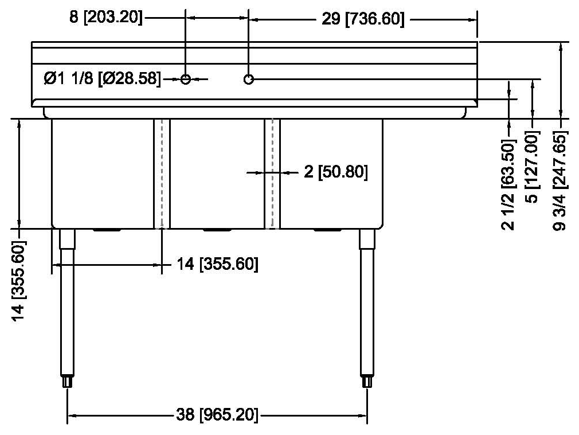 Prepline XS3C-1416-R 56" Stainless Steel Three Compartment Commercial Sink with Right Drainboard, 14" x 16" Bowls