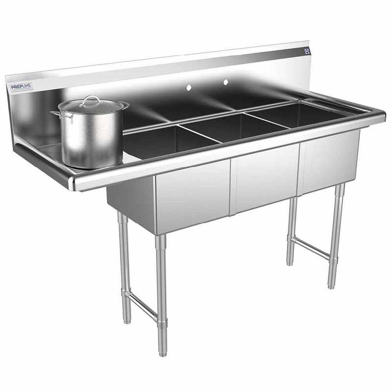 Prepline XS3C-1416-L 56" Three Compartment Commercial Sink with Left Drainboard, 14" x 16" Bowls