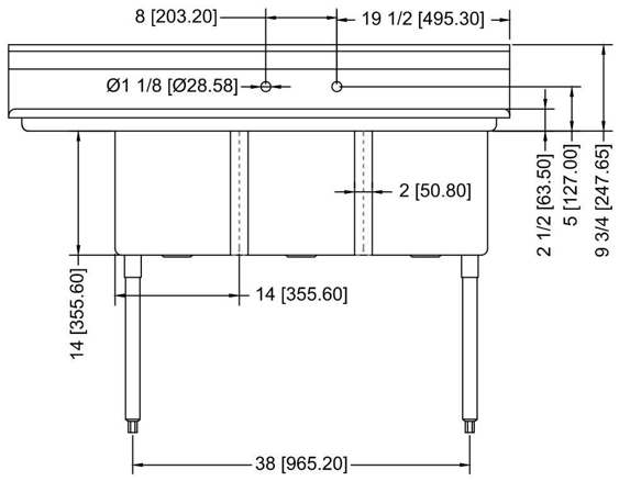 Prepline XS3C-1416-L 56" Three Compartment Commercial Sink with Left Drainboard, 14" x 16" Bowls