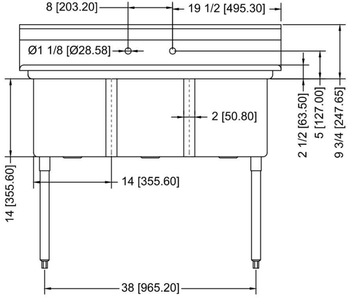 Prepline XS3C-1416 47" Stainless Steel Three Compartment Commercial Sink, 14" x 16" Bowls