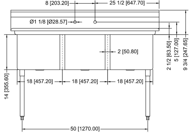 Prepline XS3C-1818 59" Stainless Steel Three Compartment Commercial Sink, 18" x 18" Bowls