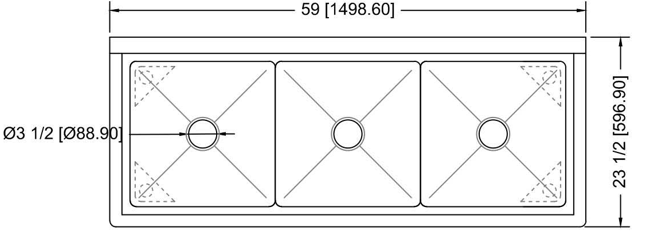 Prepline XS3C-1818 59" Stainless Steel Three Compartment Commercial Sink, 18" x 18" Bowls