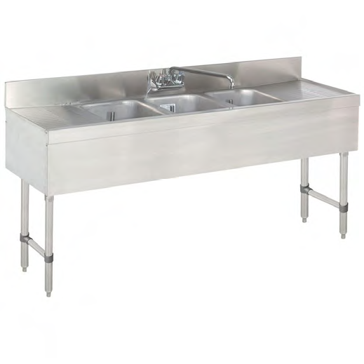 Prepline BAR-3C-LR 3 Bowl Underbar Hand Sink with Faucet and Two Drainboard, 60" x 18"