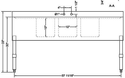 Prepline BAR-3C-LR 3 Bowl Underbar Hand Sink with Faucet and Two Drainboard, 60" x 18"