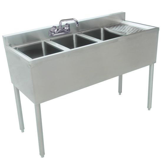 Prepline BAR-3C-R Stainless Steel 3 Bowl Underbar Hand Sink with Faucet and Right Drainboard, 48" x 18"