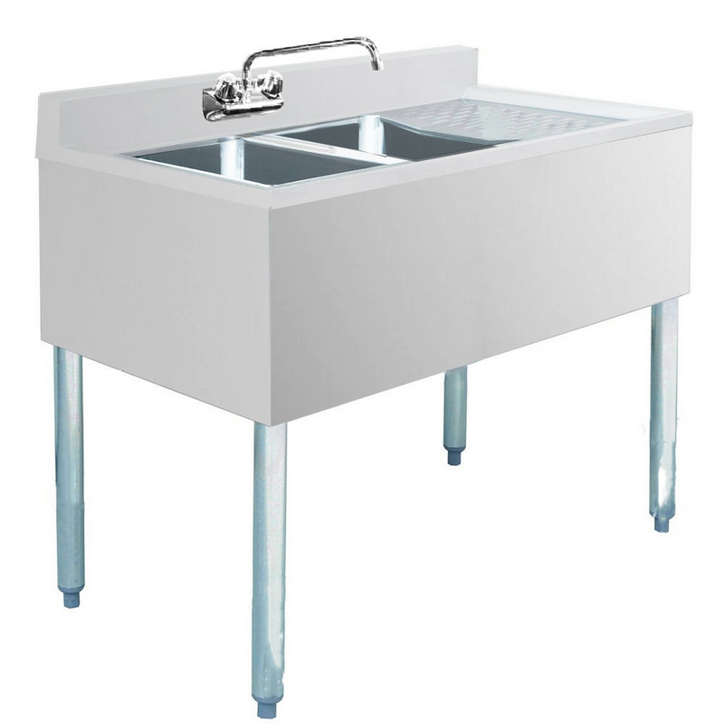 Prepline BAR-2C-R Stainless Steel 2 Bowl Underbar Hand Sink with Faucet and Right Drainboard, 36" x 18"