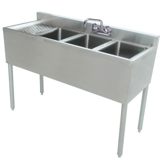 Prepline BAR-3C-L Stainless Steel 3 Bowl Underbar Hand Sink with Faucet and Left Drainboard, 48" x 18"