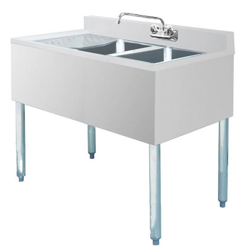 Prepline BAR-2C-L Stainless Steel 2 Bowl Underbar Hand Sink with Faucet and Left Drainboard- 36" x 18"