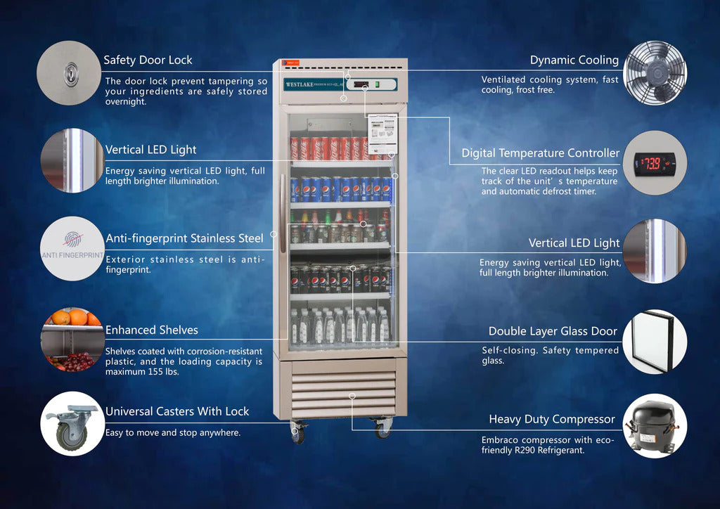 Westlake WKR-23BG Glass Door 23 Cu.ft Stainless Steel Refrigerator