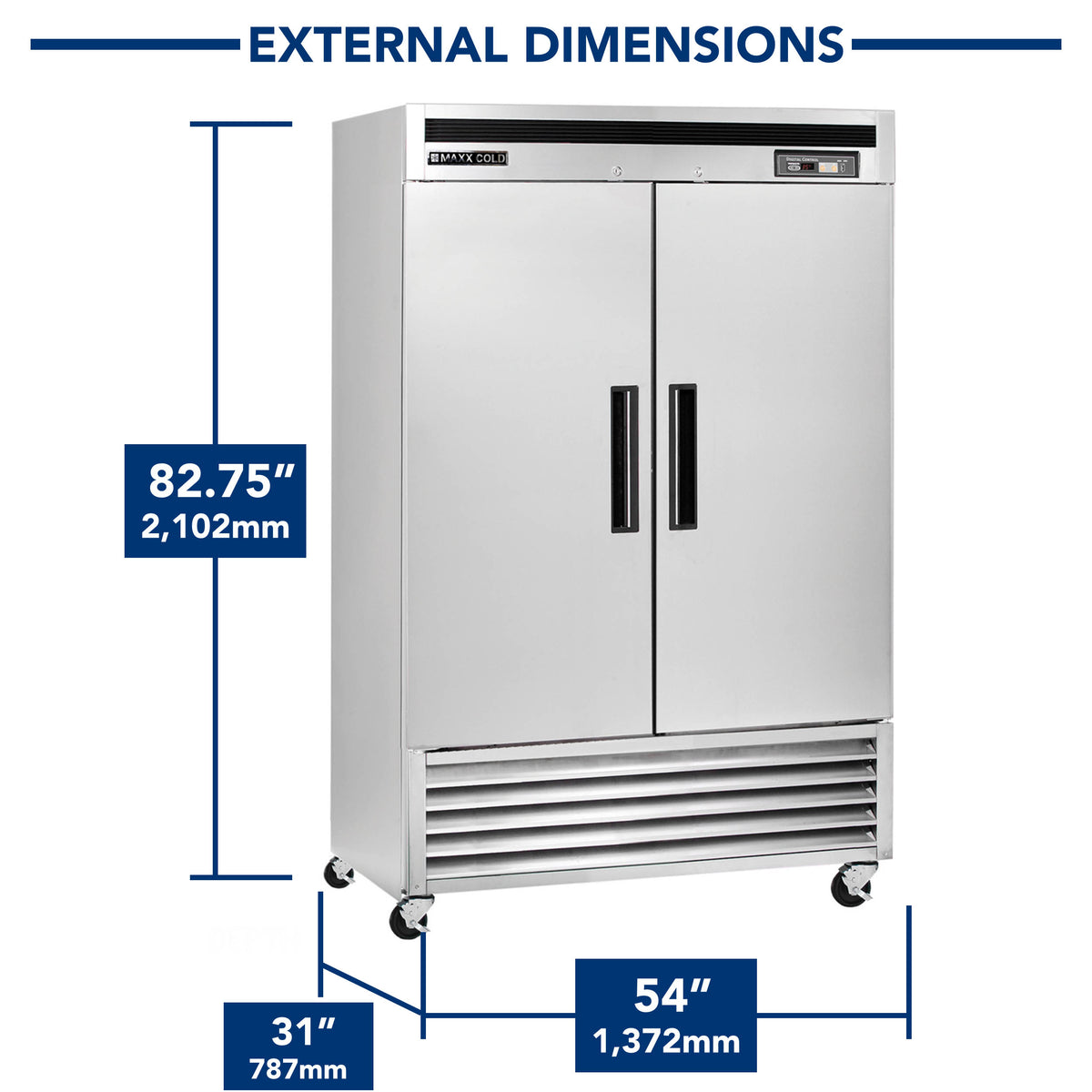 Maxx Cold MCR-49FDHC Double Door Reach-In Refrigerator, Bottom Mount, 54"W, 42.8 cu. ft. Storage Capacity, in Stainless Steel