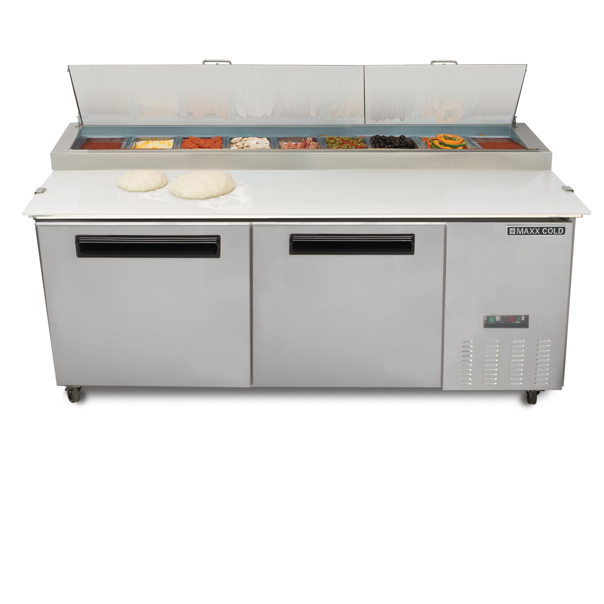 Maxx Cold MXCPP70HC X-Series Two-Door Refrigerated Pizza Prep Table, 70.8"W, 22 cu. ft. Storage Capacity, Equipped with