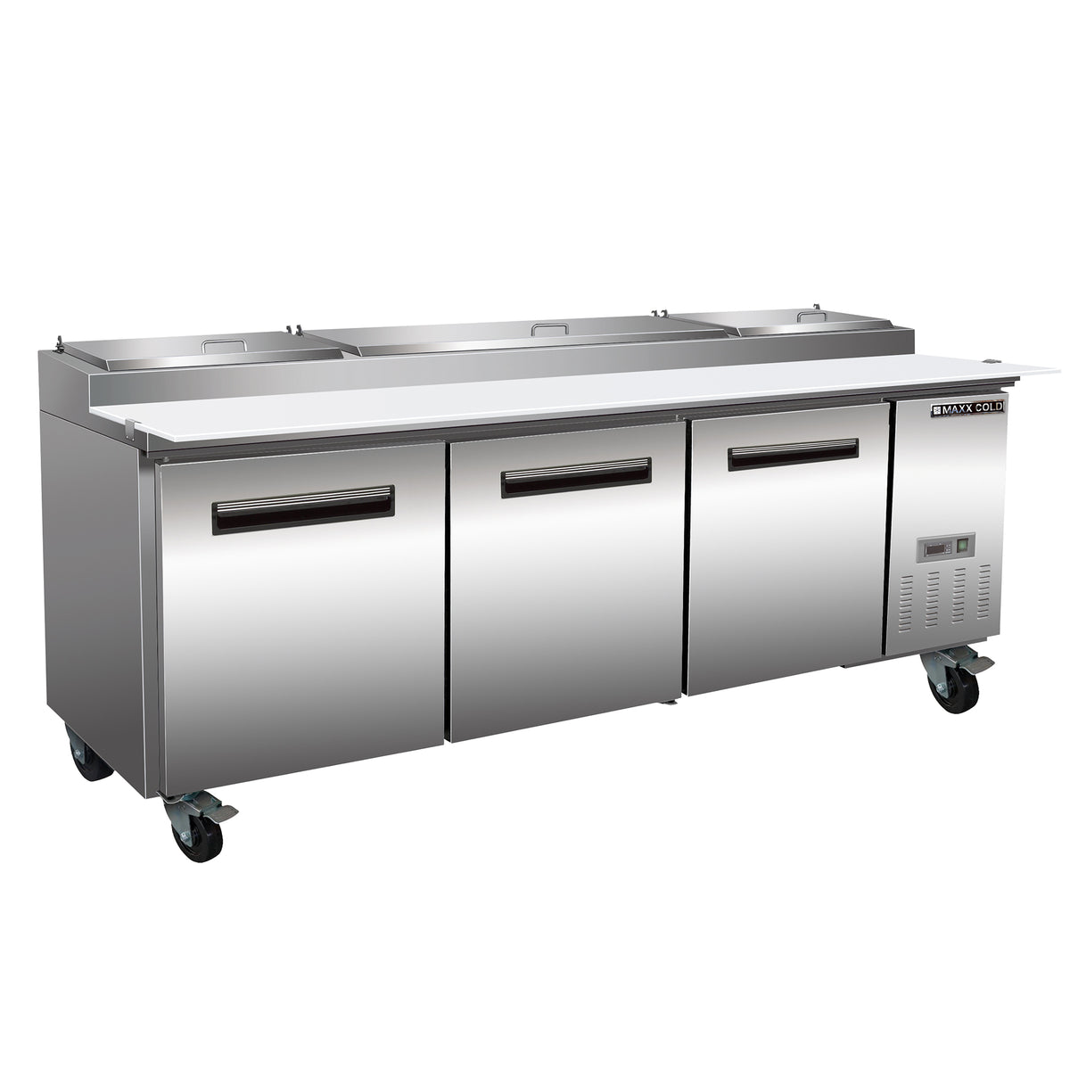 Maxx Cold MXCPP92HC X-Series Three-Door Refrigerated Pizza Prep Table, 94.2"W, 32 cu. ft. Storage Capacity, Equipped with