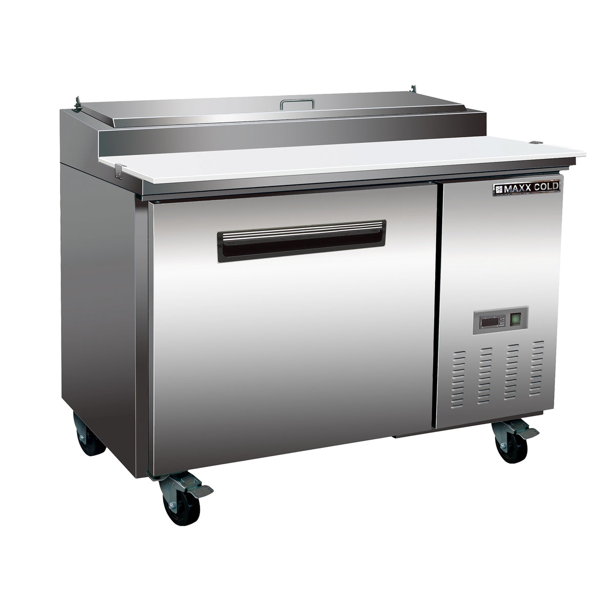 Maxx Cold MXCPP50HC X-Series One-Door Refrigerated Pizza Prep Table, 47.4"W, 12 cu. ft. Storage Capacity, Equipped with