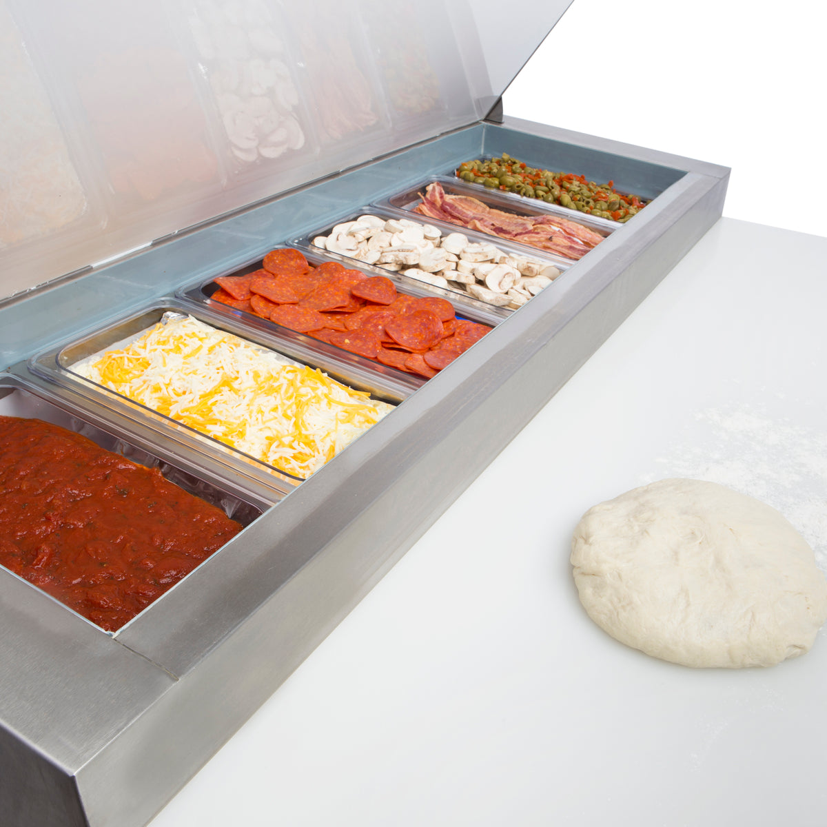 Maxx Cold MXCPP50HC X-Series One-Door Refrigerated Pizza Prep Table, 47.4"W, 12 cu. ft. Storage Capacity, Equipped with