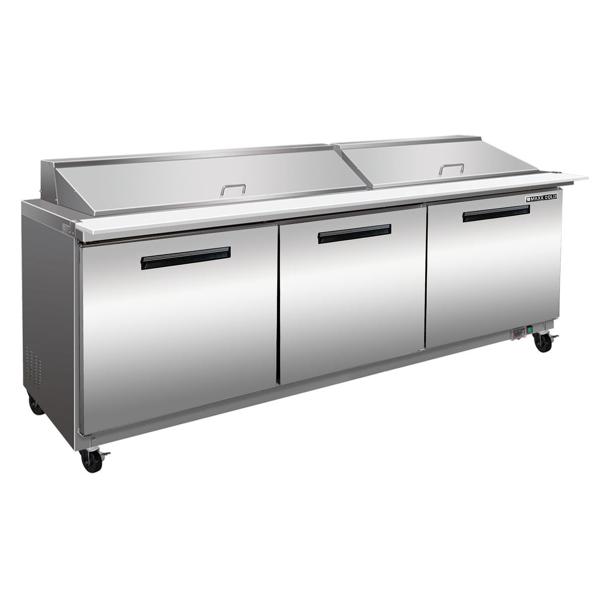 Maxx Cold MXCR72MHC X-Series Three-Door Refrigerated Mega Top Prep Table, 72"W, 18 cu. ft. Storage Capacity, in Stainless Steel