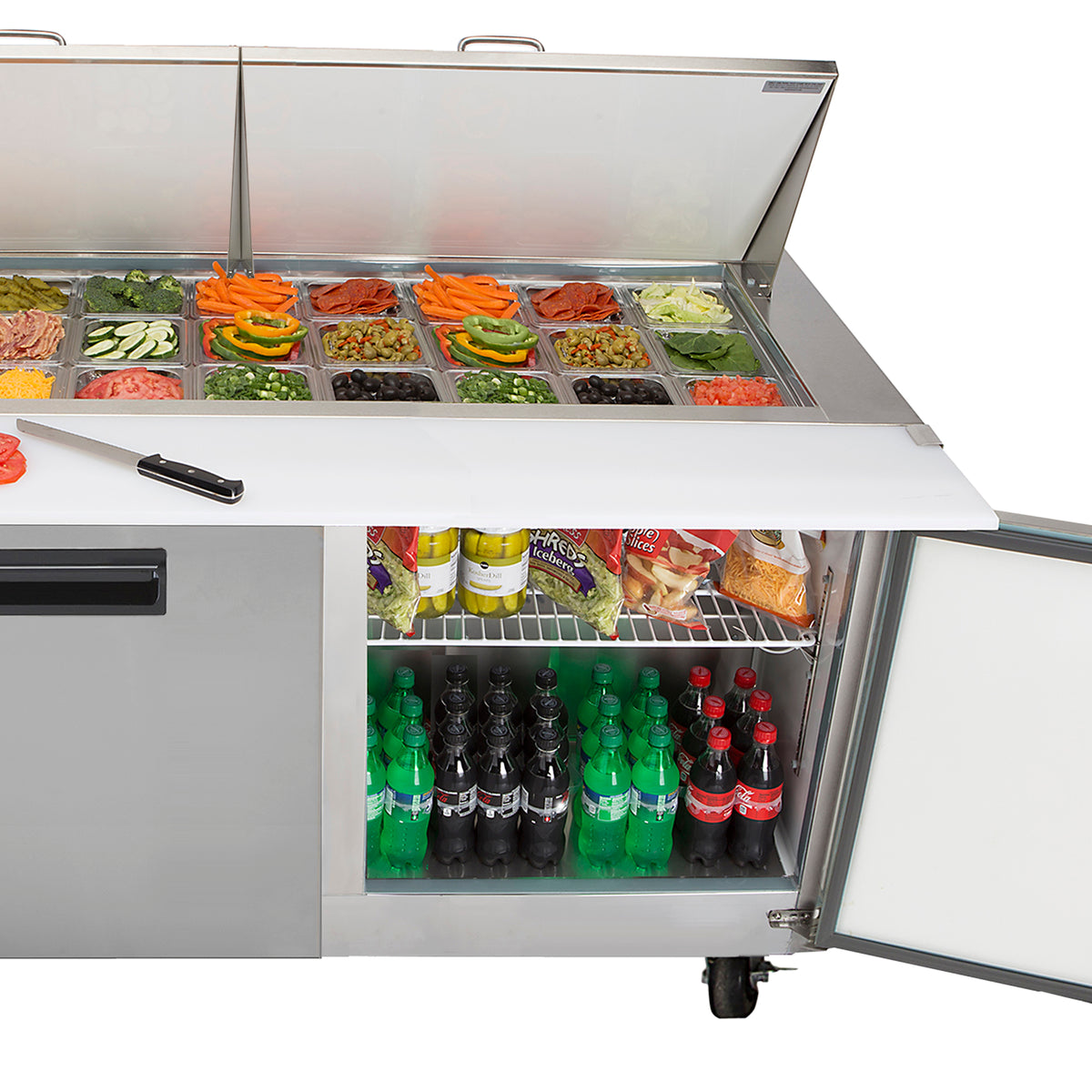 Maxx Cold MXCR72MHC X-Series Three-Door Refrigerated Mega Top Prep Table, 72"W, 18 cu. ft. Storage Capacity, in Stainless Steel