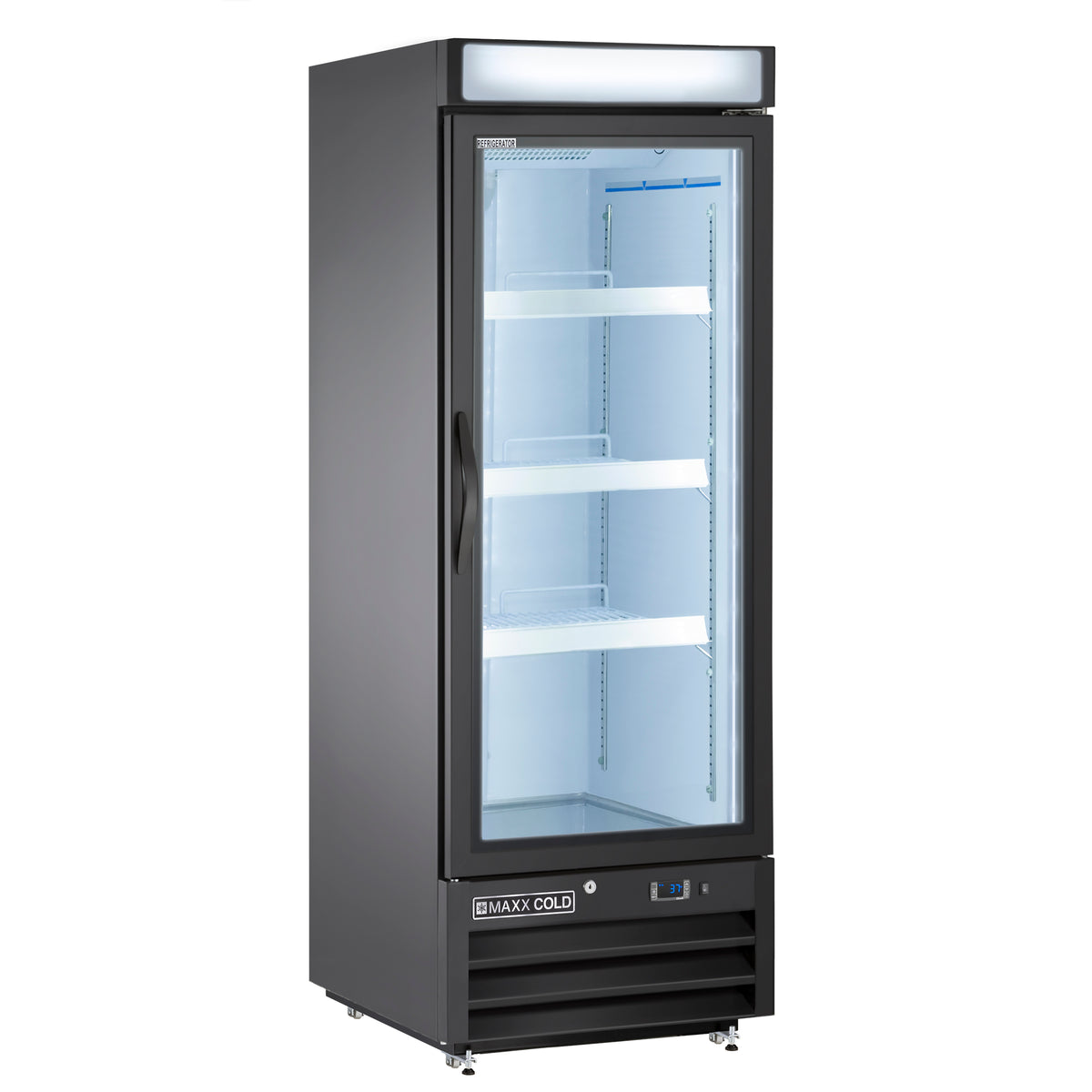 Maxx Cold MXM1-16RBHC X-Series Single Glass Door Merchandiser Refrigerator, Free Standing, 25"W, 16 cu. ft. Storage Capacity, in Black