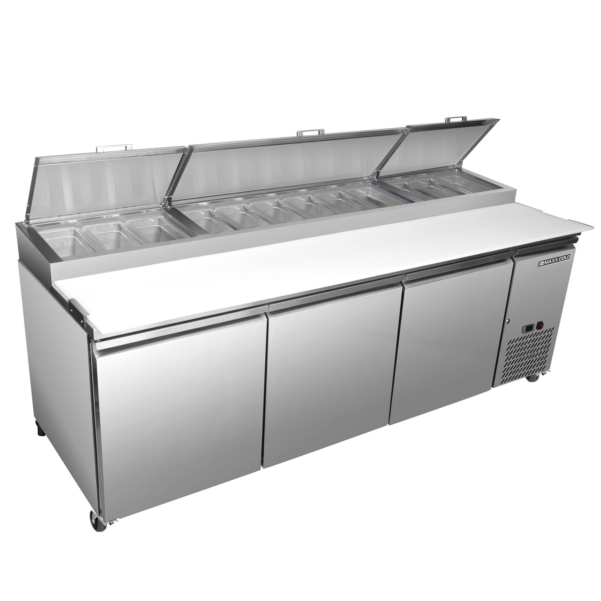 Maxx Cold MXSPP92HC Three-Door Refrigerated Pizza Prep Table, 92" W, 30.87 cu. ft. Storage Capacity, Equipped with