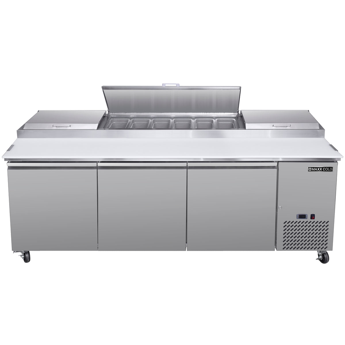 Maxx Cold MXSPP92HC Three-Door Refrigerated Pizza Prep Table, 92" W, 30.87 cu. ft. Storage Capacity, Equipped with