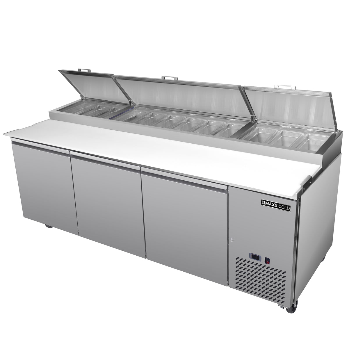 Maxx Cold MXSPP92HC Three-Door Refrigerated Pizza Prep Table, 92" W, 30.87 cu. ft. Storage Capacity, Equipped with