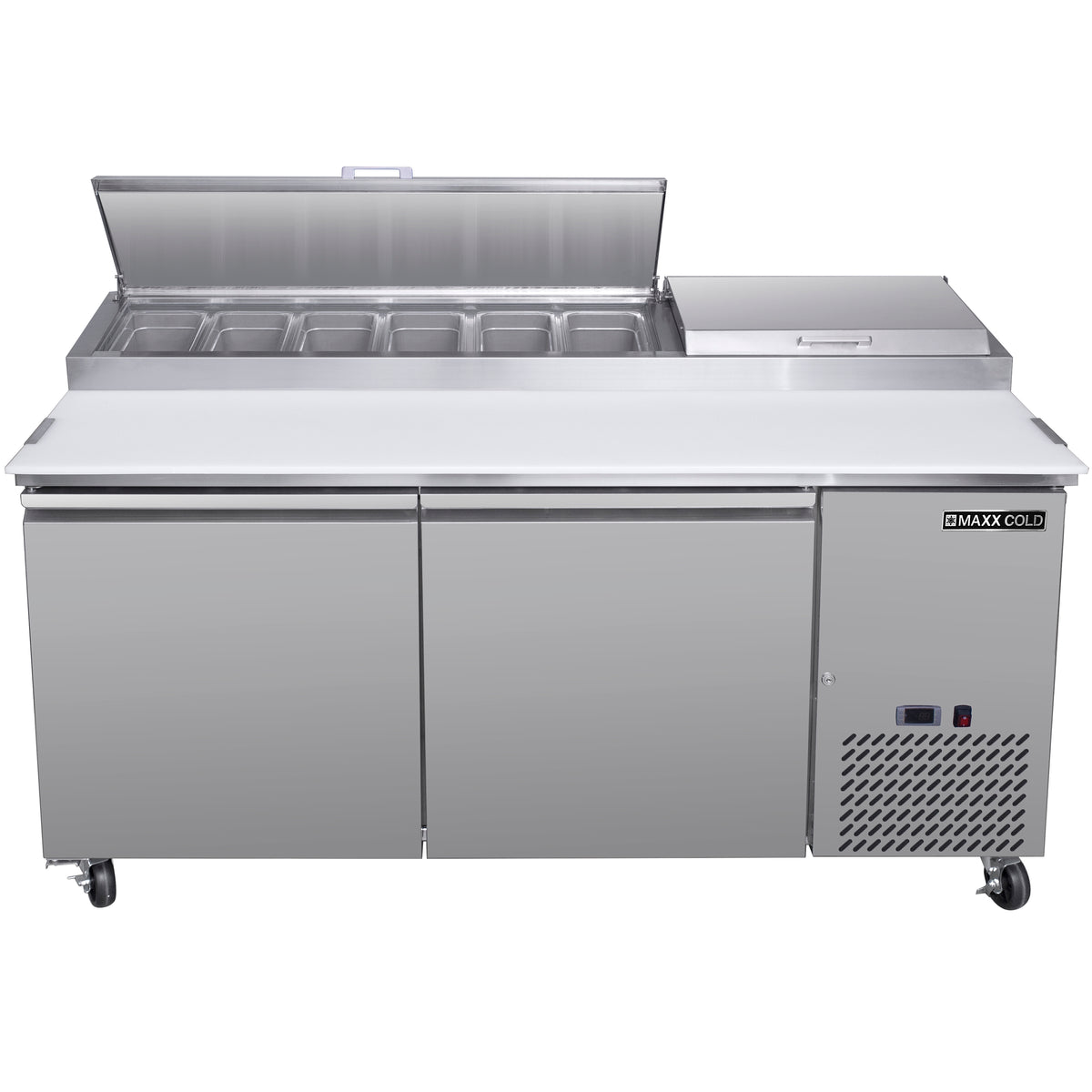 Maxx Cold MXSPP70HC Two-Door Refrigerated Pizza Prep Table, 71" W, 20.91 cu. ft. Storage Capacity, Equpped with