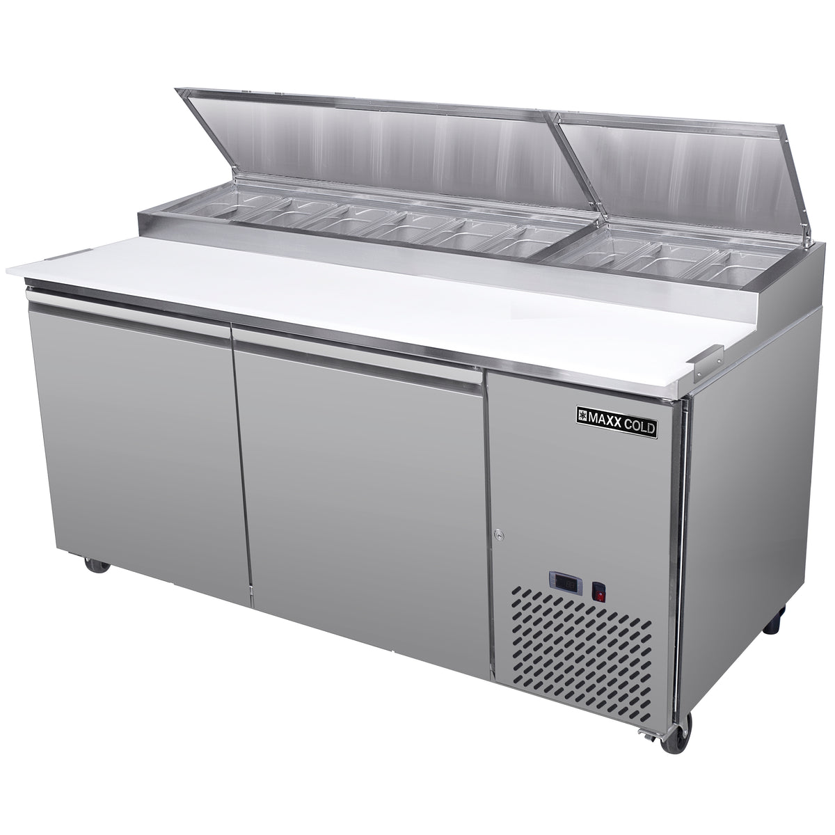 Maxx Cold MXSPP70HC Two-Door Refrigerated Pizza Prep Table, 71" W, 20.91 cu. ft. Storage Capacity, Equpped with