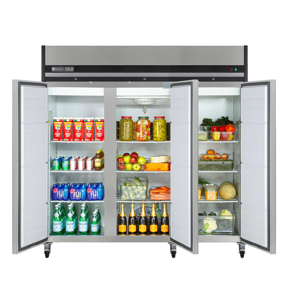 Maxx Cold MXCR-72FDHC X-Series Triple Door Reach-In Refrigerator, Top Mount, 81"W, 72 cu. ft. Storage Capacity, in Stainless Steel