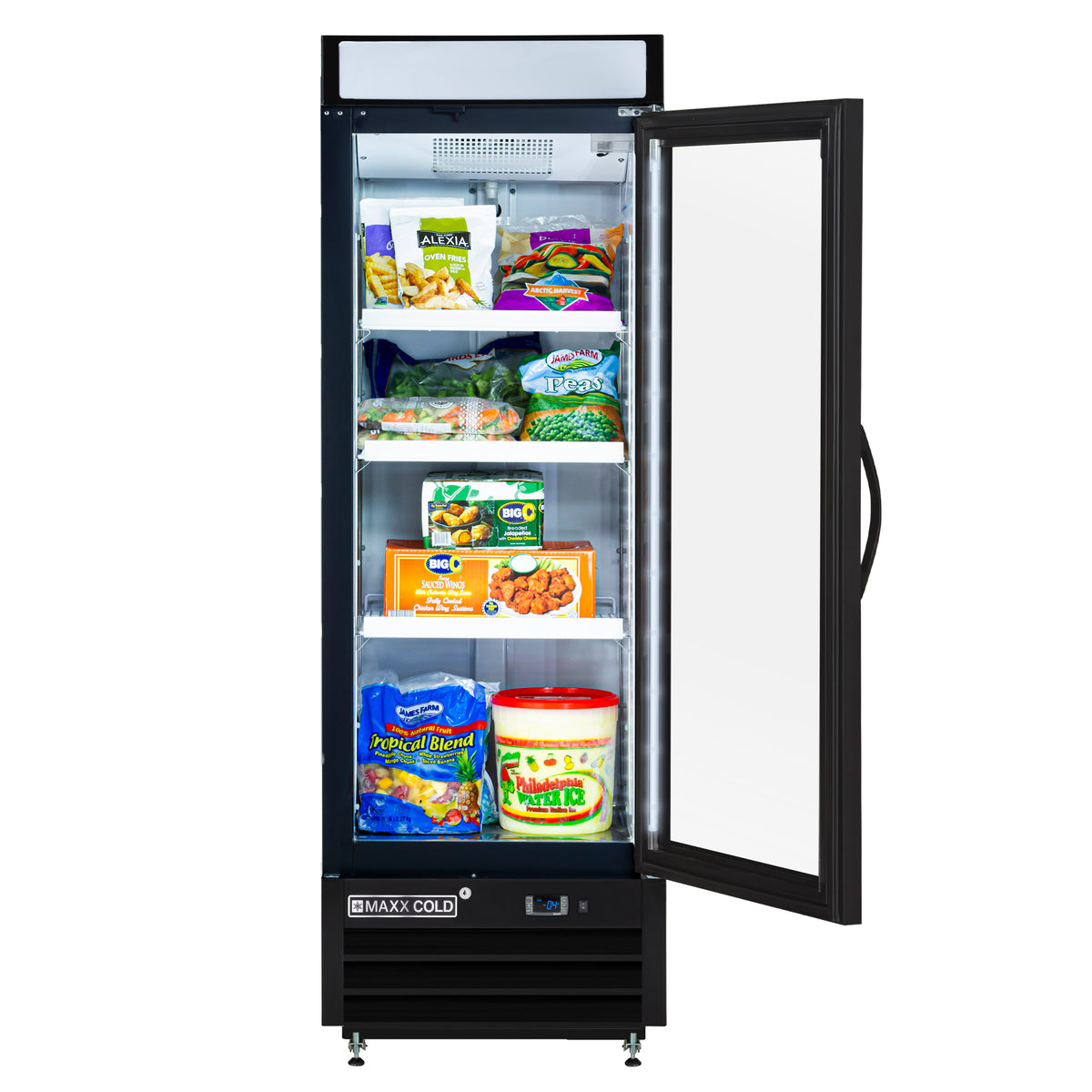 Maxx Cold MXM1-16FBHC X-Series Single Glass Door Merchandiser Freezer, Free Standing, 25"W, 16 cu. ft. Storage Capacity, in Black