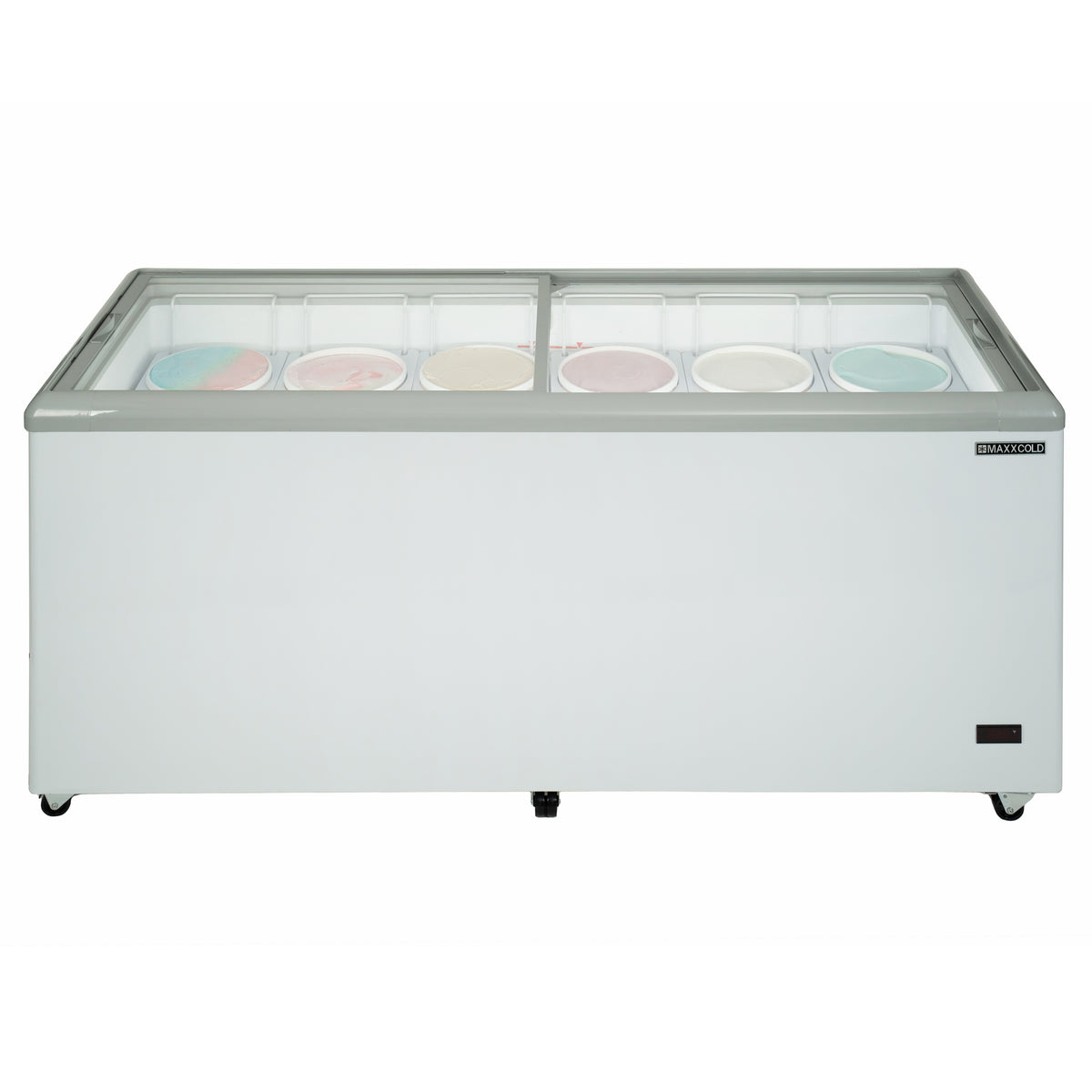 Maxx Cold MXDC-12 X-Series Ice Cream Dipping Cabinet Freezer with Curved Glass Sneeze Guard, 70"W, 16 cu. ft. Storage Capacity, Holds up to