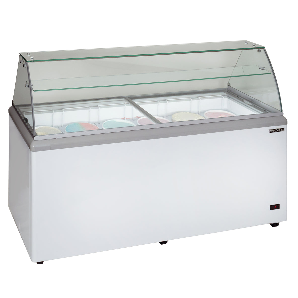 Maxx Cold MXDC-12 X-Series Ice Cream Dipping Cabinet Freezer with Curved Glass Sneeze Guard, 70"W, 16 cu. ft. Storage Capacity, Holds up to