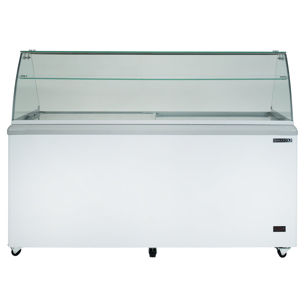 Maxx Cold MXDC-12 X-Series Ice Cream Dipping Cabinet Freezer with Curved Glass Sneeze Guard, 70"W, 16 cu. ft. Storage Capacity, Holds up to