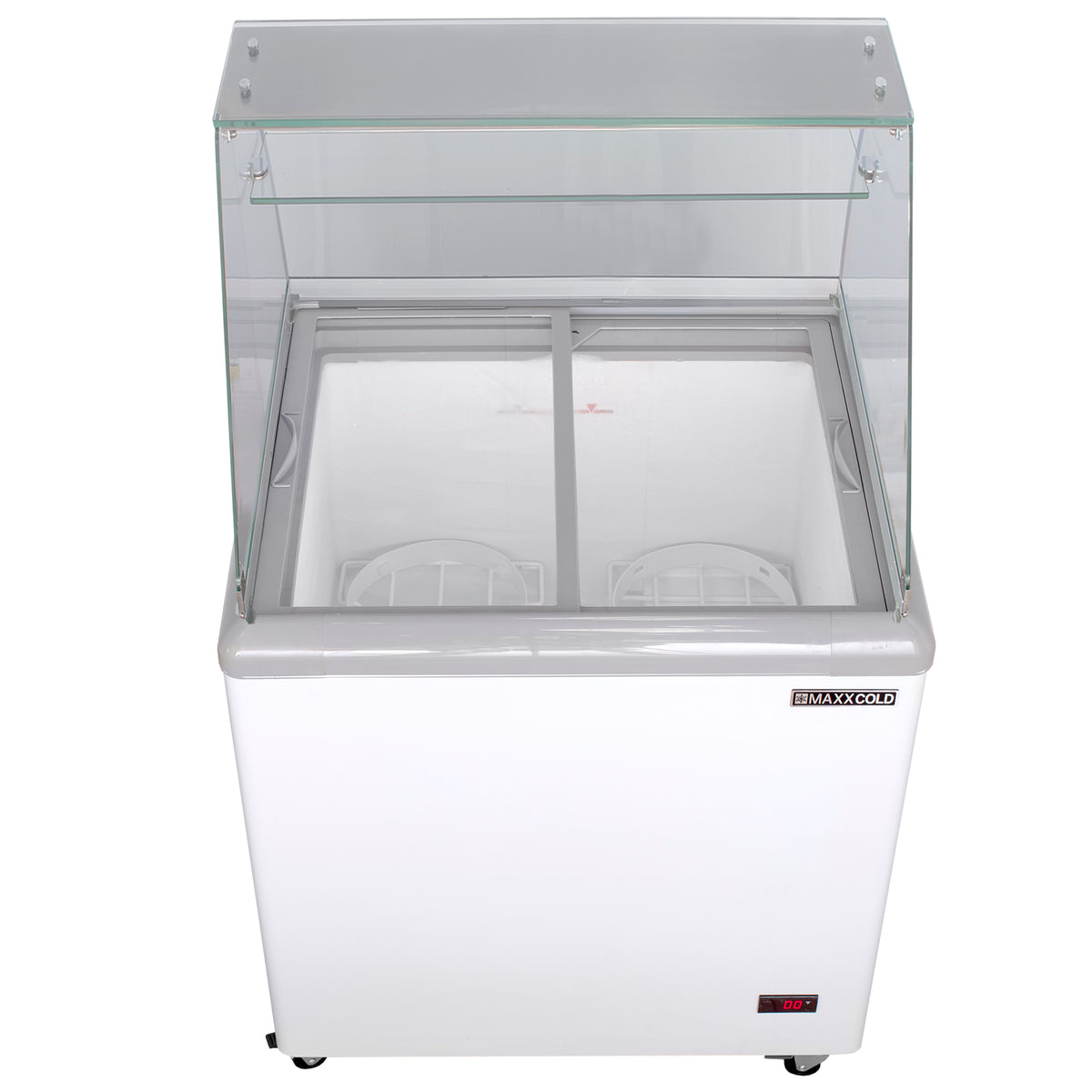 Maxx Cold MXDC-4 X-Series Ice Cream Dipping Cabinet Freezer with Curved Glass Sneeze Guard, 31.5"W, 5.8 cu. ft. Storage Capacity, Holds up to