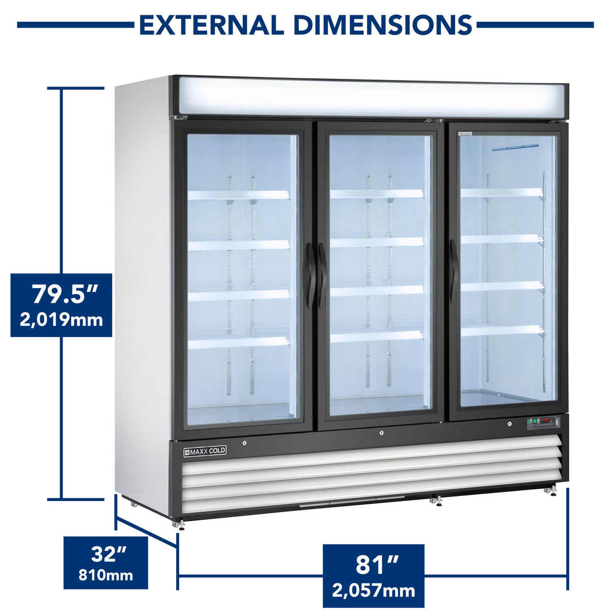 Maxx Cold MXM3-72FHC X-Series Triple Glass Door Merchandiser Freezer, Free Standing, 81"W, 72 cu. ft. Storage Capacity, in White