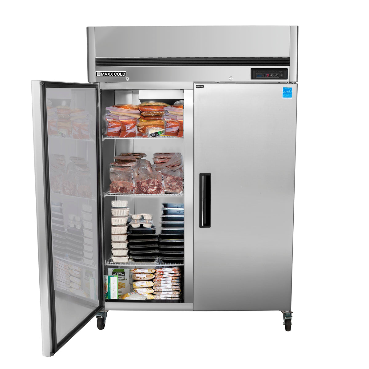 Maxx Cold MCFT-49FDHC Double Door Reach-In Freezer, Top Mount, 54"W, 49 cu. ft. Storage Capacity, Energy Star Rated, in Stainless Steel