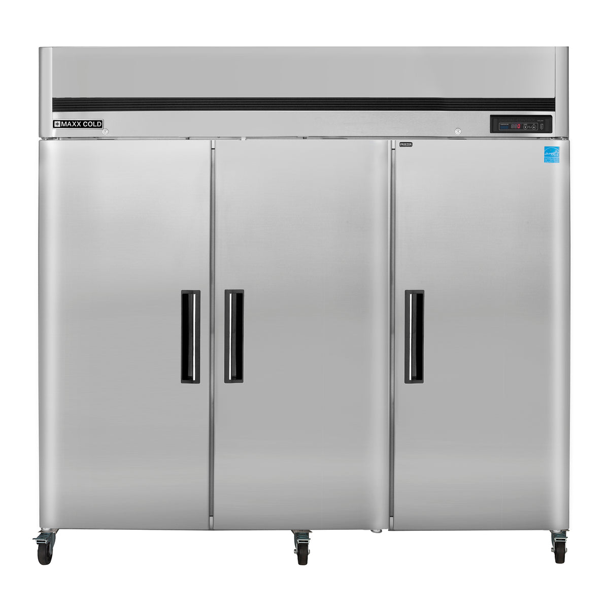 Maxx Cold MCFT-72FDHC Triple Door Reach-In Freezer, Top Mount, 81"W, 72 cu. ft. Storage Capacity, Energy Star Rated, in Stainless Steel