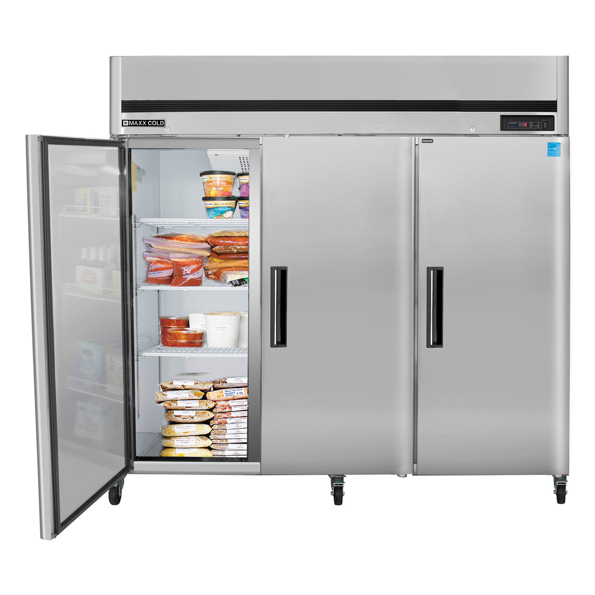 Maxx Cold MCFT-72FDHC Triple Door Reach-In Freezer, Top Mount, 81"W, 72 cu. ft. Storage Capacity, Energy Star Rated, in Stainless Steel