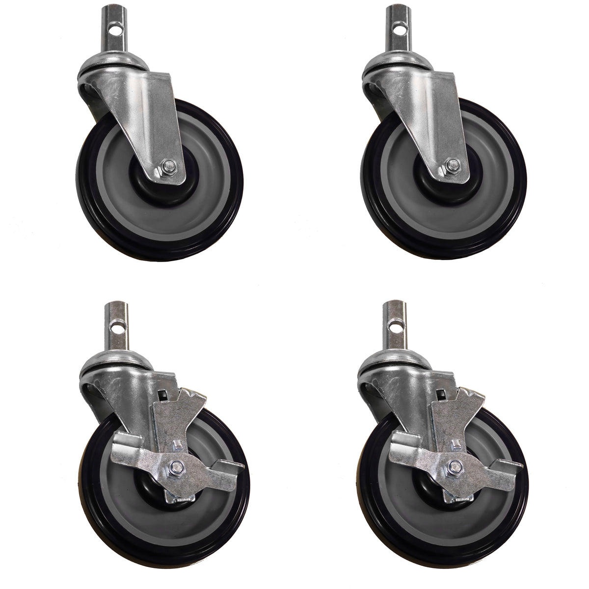 BevLes TC5 5"Dia Locking Swivel Casters, 2 With Brakes, 2 Without Brakes, Black/Silver, Set of 4 (TC5-5B)