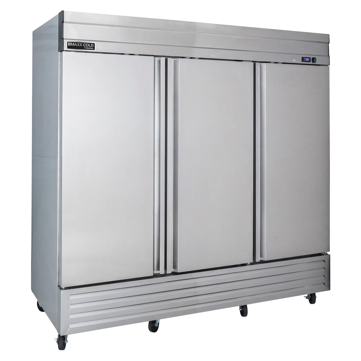 Maxx Cold MVR-72FD V-Series 3 Solid Door Reach-In Refrigerator, Bottom Mount, 81"W, 65 cu. ft. Storage Capacity, in Stainless Steel (MVR-72FDHC)