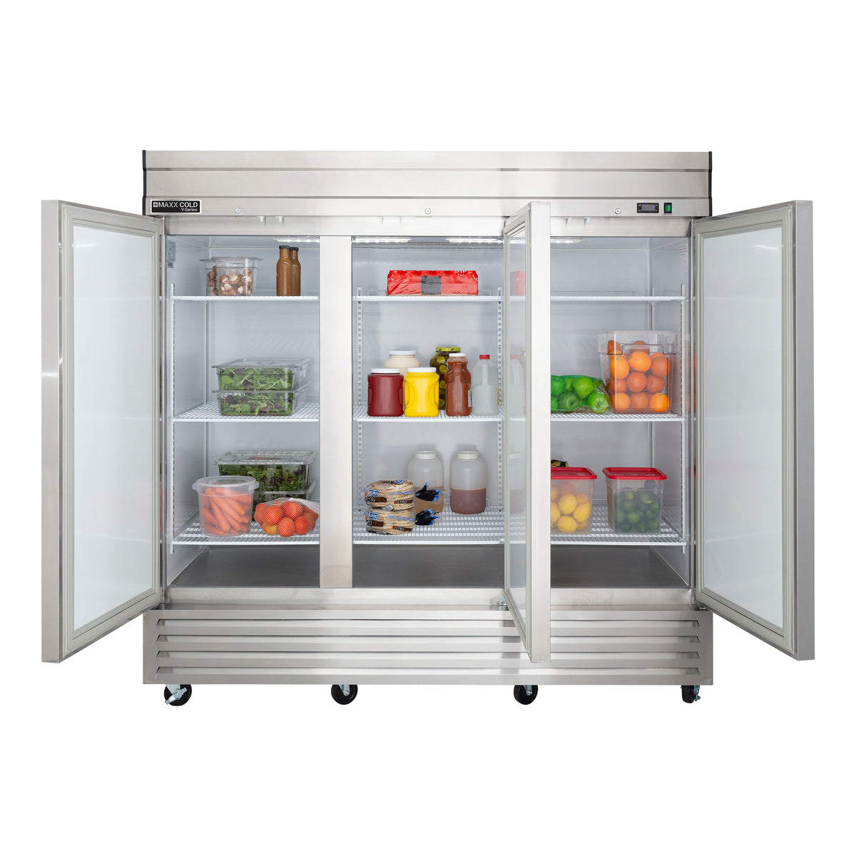 Maxx Cold MVR-72FD V-Series 3 Solid Door Reach-In Refrigerator, Bottom Mount, 81"W, 65 cu. ft. Storage Capacity, in Stainless Steel (MVR-72FDHC)