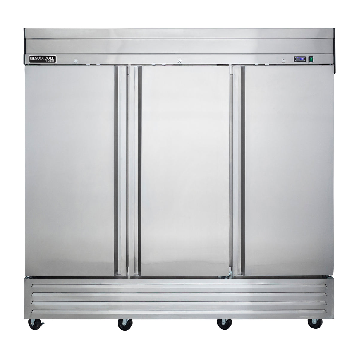 Maxx Cold MVR-72FD V-Series 3 Solid Door Reach-In Refrigerator, Bottom Mount, 81"W, 65 cu. ft. Storage Capacity, in Stainless Steel (MVR-72FDHC)