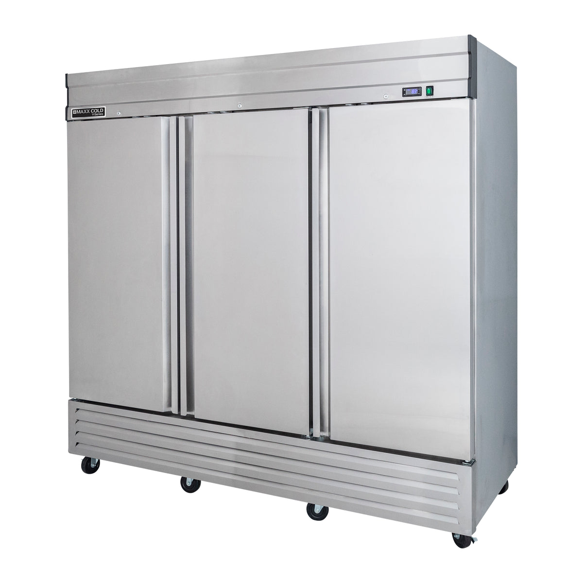 Maxx Cold MVR-72FD V-Series 3 Solid Door Reach-In Refrigerator, Bottom Mount, 81"W, 65 cu. ft. Storage Capacity, in Stainless Steel (MVR-72FDHC)