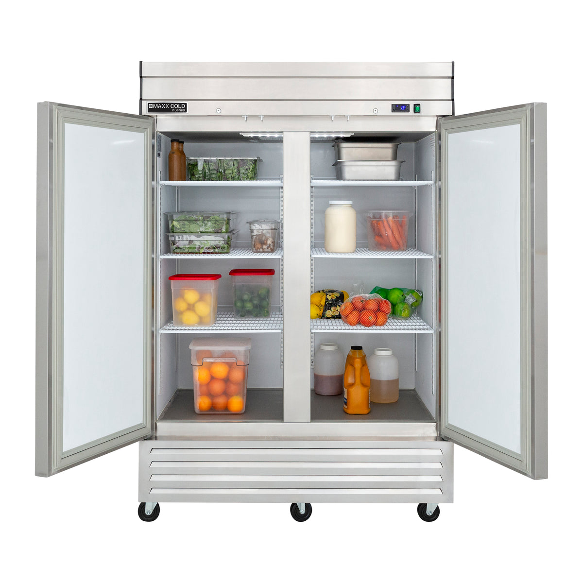 Maxx Cold MVR-49FD V-Series 2 Solid Door Reach-In Refrigerator, Bottom Mount, 54"W, 42 cu. ft. Storage Capacity, in Stainless Steel (MVR-49FDHC)