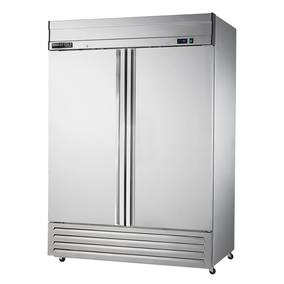 Maxx Cold MVR-49FD V-Series 2 Solid Door Reach-In Refrigerator, Bottom Mount, 54"W, 42 cu. ft. Storage Capacity, in Stainless Steel (MVR-49FDHC)