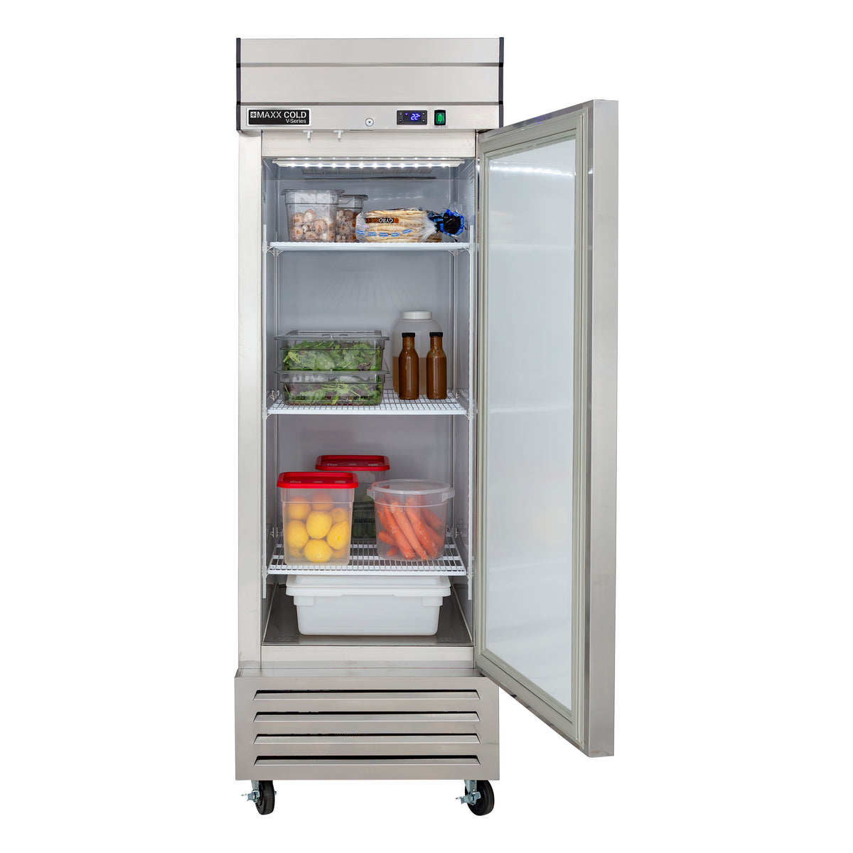 Maxx Cold MVR-23FD V-Series 1 Solid Door Reach-In Refrigerator, Bottom Mount, 27"W, 19 cu. ft. Storage Capacity, in Stainless Steel (MVR-23FDHC)