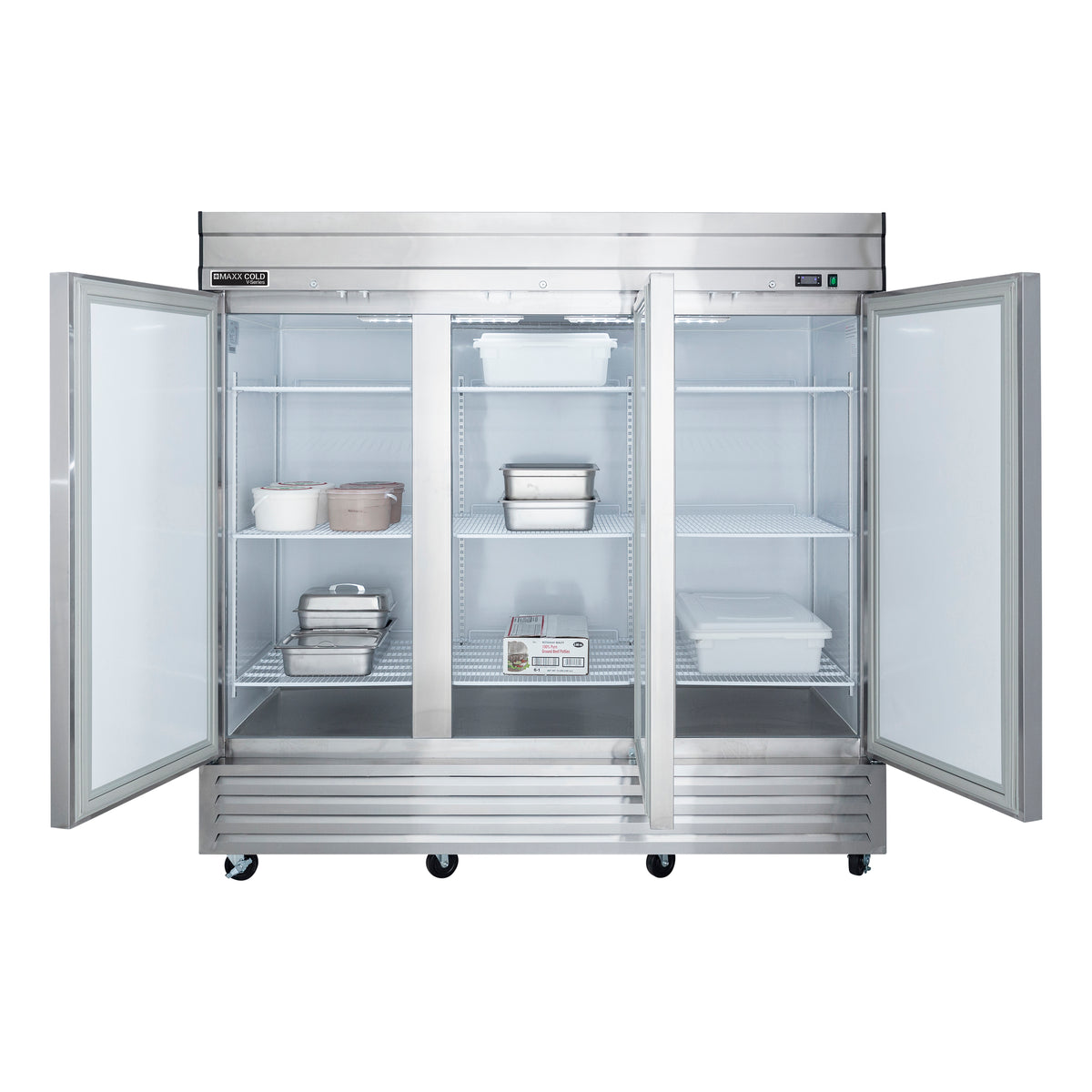 Maxx Cold MVF-72FD V-Series 3 Door Reach-In Freezer, Bottom Mount, 81"W, 65 cu. ft. Storage Capacity, in Stainless Steel (MVF-72FDHC)