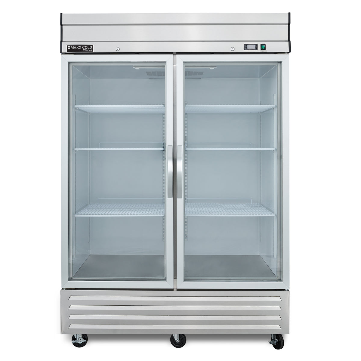 Maxx Cold MVR-49GD V-Series 2 Glass Door Reach-In Refrigerator, Bottom Mount, 54"W, 42 cu. ft. Storage Capacity, in Stainless Steel (MVR-49GDHC)