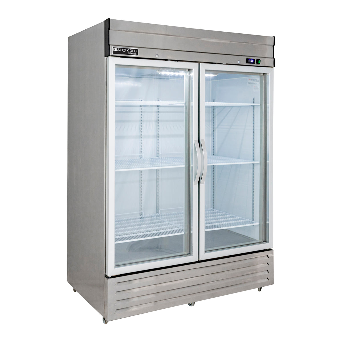 Maxx Cold MVR-49GD V-Series 2 Glass Door Reach-In Refrigerator, Bottom Mount, 54"W, 42 cu. ft. Storage Capacity, in Stainless Steel (MVR-49GDHC)
